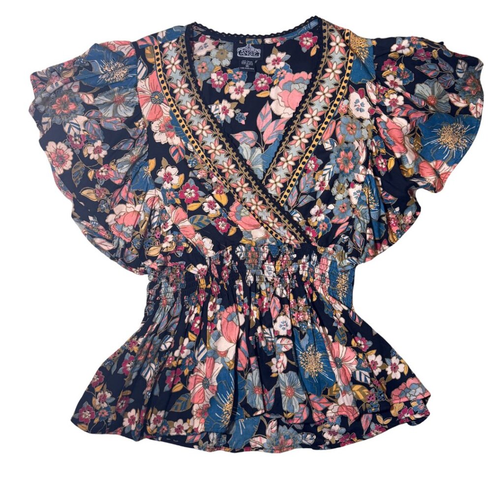 Angie Floral Blouse with Navy and Pink Accents